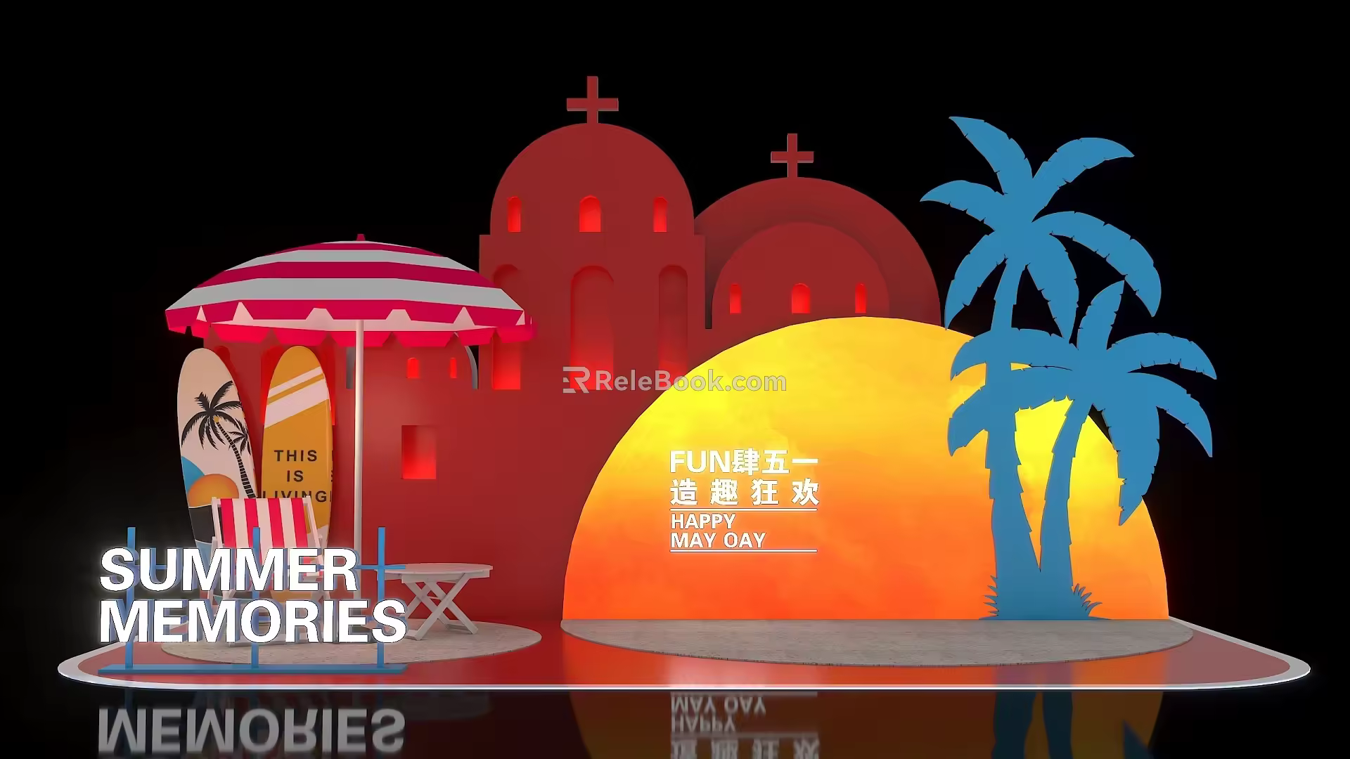 Santorini Summer Meichen Online Red Pushcard for Photo Taking Commercial Activities Coconut Tree Parasol Castle Commercial Scene Sun 3d model