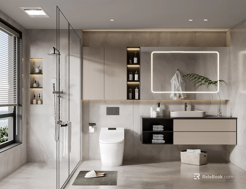 Modern Bathroom Interior With Smart Toilet Marble Countertop And Wall Mounted Vanity 3d model 
