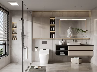Modern Bathroom Interior With Smart Toilet Marble Countertop And Wall Mounted Vanity 3d model