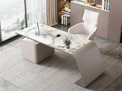 Modern Home Office Desk With Marble Top White Chair Bookshelf And Potted Plant 3d model