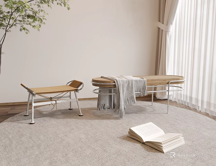Modern Indoor Stools With Wooden Seats Metal Legs On Carpet Near Window Blanket And Open Book 3d model 