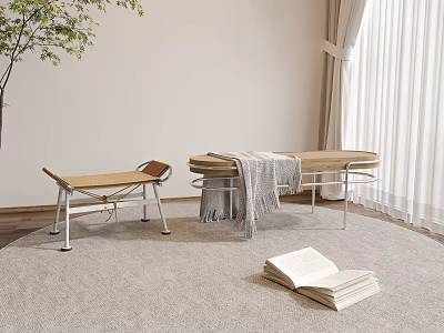 Modern Indoor Stools With Wooden Seats Metal Legs On Carpet Near Window Blanket And Open Book 3d model