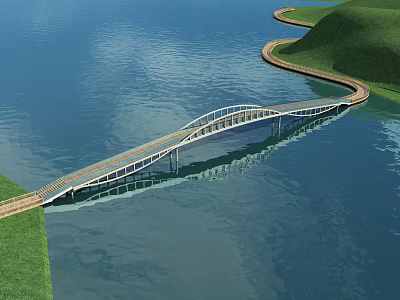 Modern Curved Bridge Spanning Calm Water With Green Grass Hills And Reflection In Blue Surface 3d model