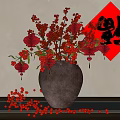 Traditional Chinese Ceramic Vase with Red Blossoms and Berries Near Fu Character Decoration