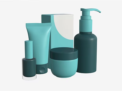 Teal Cosmetic Products Collection with Pump Bottle Tube Jar and Packaging Box 3d model