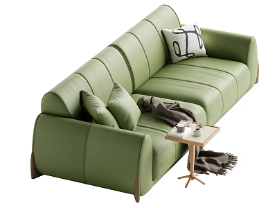 Green Leather Sectional Sofa With Pillows Side Table Cups And Throw Blanket 3d model