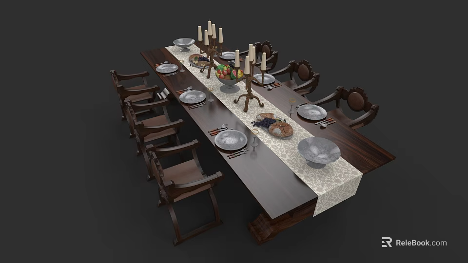 Solid Wood Dining Table Set With Dinnerware Candles Fruit Platter And Table Runner 3d model 