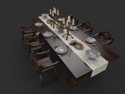 Solid Wood Dining Table Set With Dinnerware Candles Fruit Platter And Table Runner 3d model