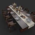Solid Wood Dining Table Set With Dinnerware Candles Fruit Platter And Table Runner 3d model
