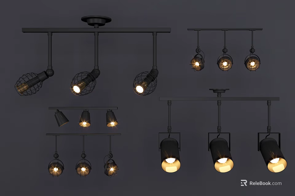 Modern Industrial Downlights And Spotlights With Black Metal Frame And Spherical Shades 3d model 