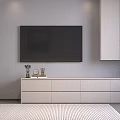 Modern Minimalist White TV Stand With TV Storage Drawers And Light Curtains Interior