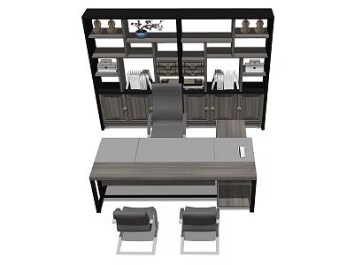 Modern Office Desk Interior With Wooden Cabinet Shelf Two Chairs And Office Supplies 3d model