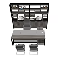 Modern Office Desk Interior With Wooden Cabinet Shelf Two Chairs And Office Supplies