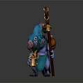 Fantasy Teal Creature Character With Purple Snout Claws Carrying Bag And Holding Bell Staff