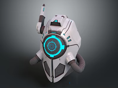 Modern Futuristic White Tech Helmet With Blue Circular Accents And Headphone Parts 3d model