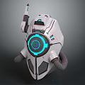 Modern Futuristic White Tech Helmet With Blue Circular Accents And Headphone Parts