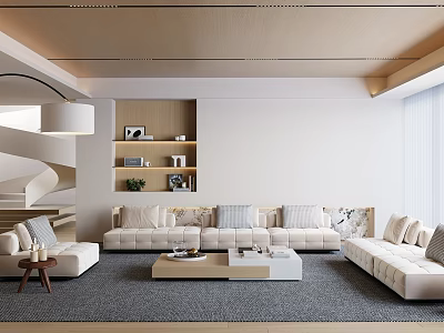 Modern Living Room Interior With Beige Sofas Coffee Table Decorative Shelves And Light-Filled Windows 3d model