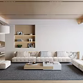 Modern Living Room Interior With Beige Sofas Coffee Table Decorative Shelves And Light-Filled Windows
