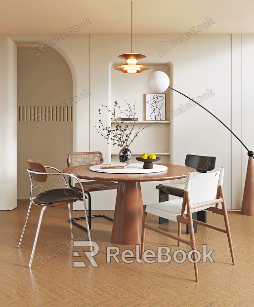 Modern Middle Ancient Style Restaurant Round Dining Table Dining Chair Combination Floor Lamp Small Chandelier Jewelry Ornaments model