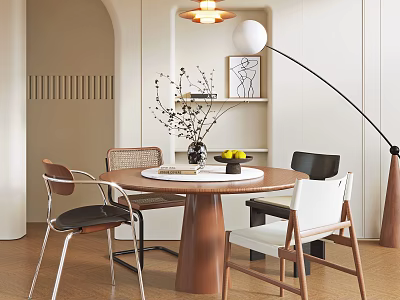 Elegant Restaurant Dining Area With Round Wooden Table Mixed Chairs And Decorative Lighting Shelf 3d model