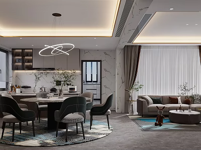 Open Concept Modern Living Dining Room With Sofa Dining Table Chandelier And Area Rug 3d model