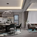 Open Concept Modern Living Dining Room With Sofa Dining Table Chandelier And Area Rug