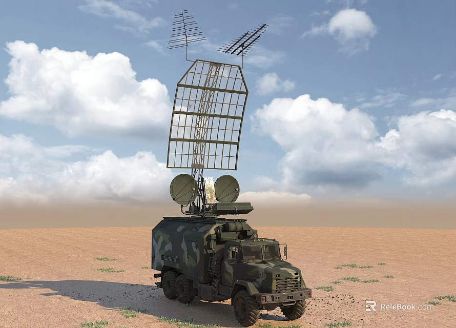 Military Utility Vehicle With Large Radar Antennas Mounted On Top In Desert Terrain 3d model 