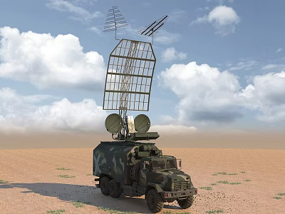 Military Utility Vehicle With Large Radar Antennas Mounted On Top In Desert Terrain 3d model