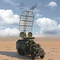 Military Utility Vehicle With Large Radar Antennas Mounted On Top In Desert Terrain