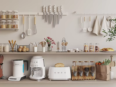 Organized Kitchen Storage Display With Hanging Utensils Knives Jars Coffee Maker Toaster And Fresh Vegetables 3d model