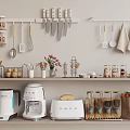 Organized Kitchen Storage Display With Hanging Utensils Knives Jars Coffee Maker Toaster And Fresh Vegetables