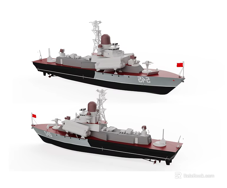 Two Modern Warships With Red Flags And Number 549 Exterior Design 3d model 