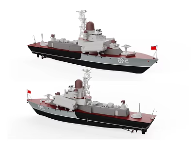 Two Modern Warships With Red Flags And Number 549 Exterior Design 3d model