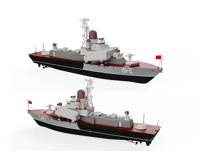 Two Modern Warships With Red Flags And Number 549 Exterior Design 3d model