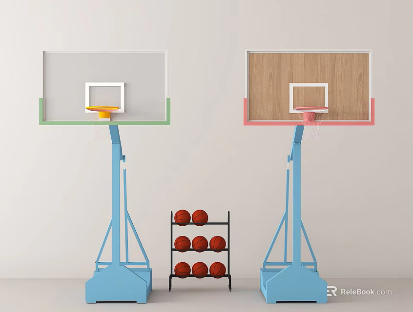 Basketball Court With Two Basketball Hoops Green Pink Borders Blue Stands And Red Basketballs 3d model 