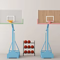 Basketball Court With Two Basketball Hoops Green Pink Borders Blue Stands And Red Basketballs