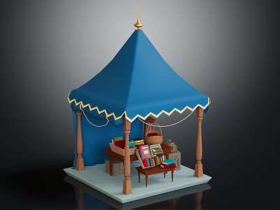 Blue Decorative Tent With Gold Trim Wooden Pillars Table Chairs And Books In Cozy Setting 3d model