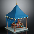Blue Decorative Tent With Gold Trim Wooden Pillars Table Chairs And Books In Cozy Setting