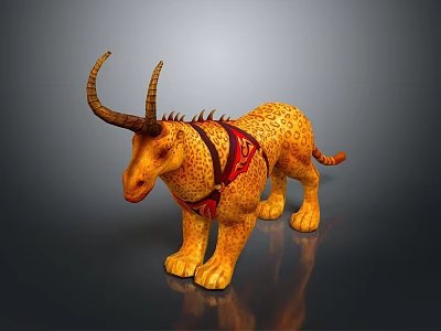 Fantasy Warrior Riding Spotted Yellow Creature With Long Horns Spiked Back Red Saddle 3d model