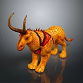 Fantasy Warrior Riding Spotted Yellow Creature With Long Horns Spiked Back Red Saddle