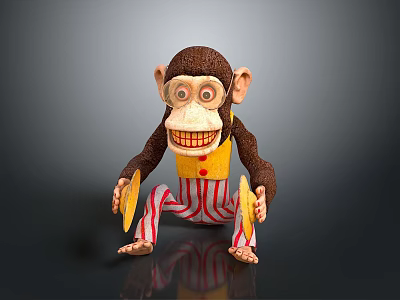 Monkey Figure Sitting With Brown Fur Yellow Vest Red White Striped Pants Holding Yellow Plates 3d model
