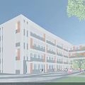 Modern Multi Story School Building White Brown Exterior Surrounded By Trees Lawn And Student Area