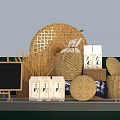 Supermarket Grocery Shelves Display Multiple Layers Of Various Products And Wicker Baskets