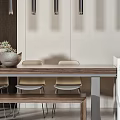 Modern Dining Table Set With Bench Chairs Marble Top Cabinet Hanging Lights And Potted Plant