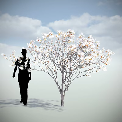 Silhouette Figure Walking Beside Tree With White Blossoms Against Blue Sky And Clouds 3d model