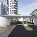 Modern Entrance Gate With Paved Walkway And Green Landscaping Near Apartment Buildings