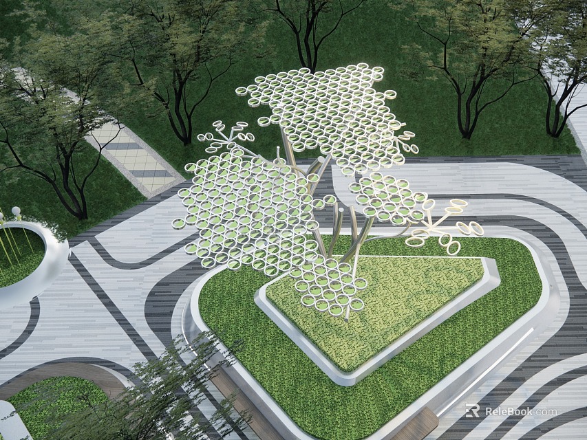 Artistic Tree Shaped Landscape Sculpture With Hexagonal Modules In Outdoor Lawn And Paved Ground 3d model 