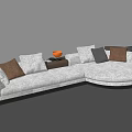 White Sectional Sofa with Brown Grey White Cushions and Side Table with Orange Decor 3d model