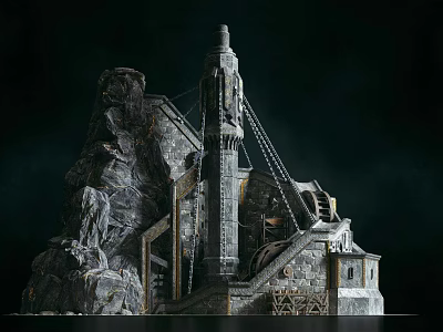 Ancient Rocky Tower Structure With Stone Steps And Ropes Design Details 3d model