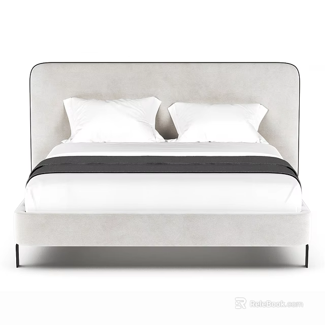 Modern Double Bed With Upholstered Headboard White Pillows And Black Bed Runner 3d model 